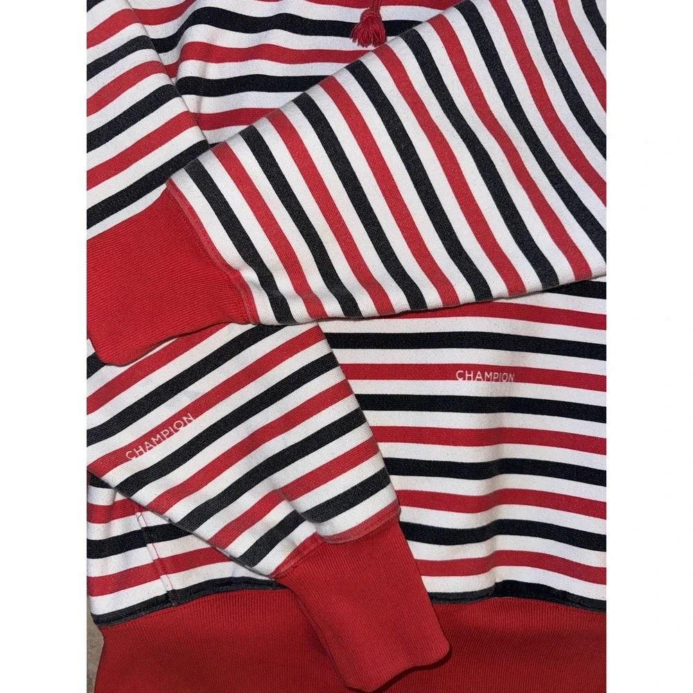 Champion Reverse Weave Hoodie Large Striped Red Black White Pullover Sweatshirt - Picture 2 of 4